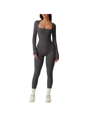 Qinsen Jumpsuit Womens Small Long Sleeve Gray Stretch Bodysuit Outfit NWT